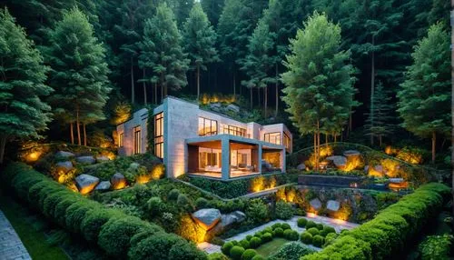 residencia en un bosque
rodeada de arboles
materialidad en piedra + vidrio + madera

jardinería vertical
plantas flores + bosque
,an aerial view of a house surrounded by trees and bushes,house in the 