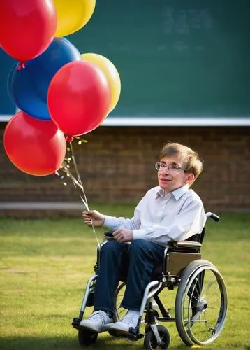 Professor Hawking, wheelchair, muscular dystrophy, glasses, messy brown hair, white shirt, black pants, lecture notes, chalkboard, university classroom, rows of seats, students listening attentively, 