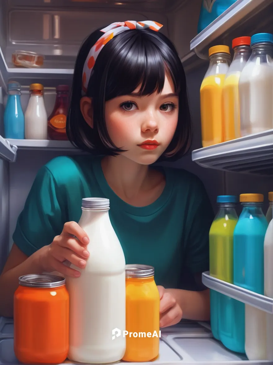 Write a humorous story about a mischievous milk bottle in a crowded refrigerator.,girl in the kitchen,digital painting,world digital painting,girl with bread-and-butter,白斩鸡,kids illustration,girl with