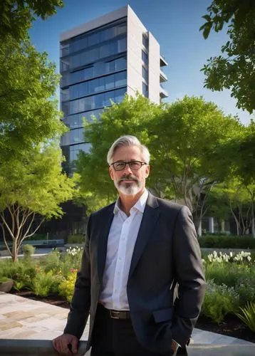 Derek Cox, male, mature architect, bespectacled, short gray hair, beard, formal attire, black suit, white shirt, tie, holding blueprints, standing, posing, confident, modern cityscape, skyscraper, vil