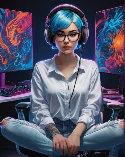 Modern young woman, online gamer, solo, (20yo), short blue hair, glasses, bold eyebrows, casual wear, white shirt, ripped jeans, sneakers, sitting, ergonomic chair, PC gaming setup, multiple monitors,