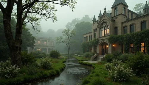 Whispering brook, lush meadow, rolling hills, misty atmosphere, ancient trees, twisted branches, overgrown ruins, mysterious fog, Gothic spires, turrets, grand entrance, ornate facades, intricate ston