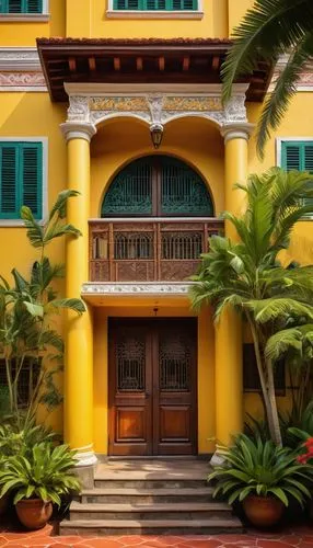 Venezuelan colonial-style building, grandiose entrance with ornate wooden doors, bright yellow walls with white window frames, red-tiled roofs, intricate stone carvings, lush greenery surrounding the 