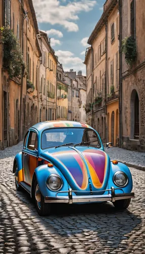 A classic VW Beetle car covered in ais-acrylicz, parked on a cobblestone street, <lora:Acrylic_Paint_Style_SDXL:1>,porsche 356,renault alpine,porsche,1000miglia,porsche 356/1,porsche 718,the beetle,vo