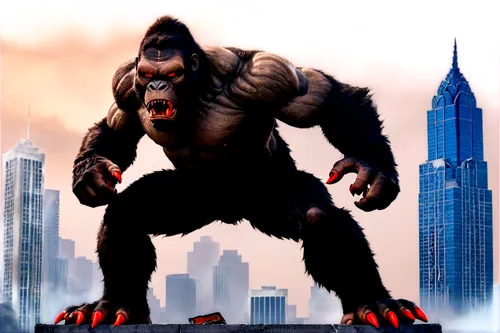 King Kong, giant ape, muscular body, furry skin, angry facial expression, sharp teeth, glowing red eyes, standing on all fours, powerful claws, torn clothes, city skyscraper background, destroyed buil