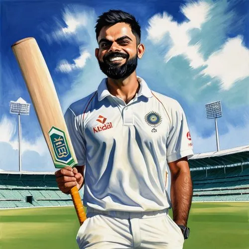 Virat Kohli, Indian cricket team captain, confident smile, intense eyes, athletic build, short black hair, sporty beard, white cricket jersey, blue trousers, cricket bat in hand, standing in cricket s