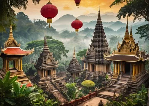 Traditional Laotian architecture, intricate wooden carvings, golden decorations, tiered roofs, Buddhist temple, ornate stupas, vibrant colors, lanterns, incense sticks, Buddha statues, serene atmosphe