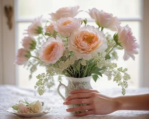 Delicate birth flower bouquet, pastel colors, gentle petals, soft focus, warm natural light, feminine hands holding the stems, elegant wrist, subtle nail polish, lace tablecloth, vintage porcelain vas