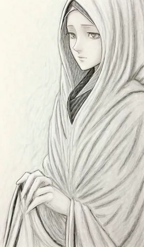 cloak,abaya,girl in cloth,graphite,suit of the snow maiden,imperial coat,woman of straw,blanket,hooded,pencil color,mukimono,pencil and paper,the snow queen,sadu,praying woman,old woman,white rose snow queen,burqa,hooded man,monk