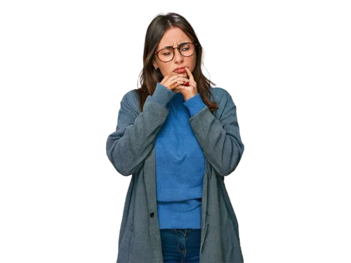 Stressed woman, worried expression, messy brown hair, glasses, sweat droplets on forehead, worn-out clothes, wrinkles on face, biting nails, frowning eyebrows, tense muscles, standing with slouched po