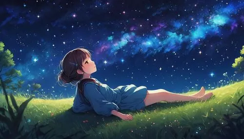 stargazing,starlight,starry sky,falling stars,star sky,starry,fireflies,colorful stars,stars,falling star,rainbow and stars,the stars,fairy galaxy,night sky,nightsky,night stars,the night sky,shooting stars,hanging stars,girl lying on the grass,Illustration,Japanese style,Japanese Style 18