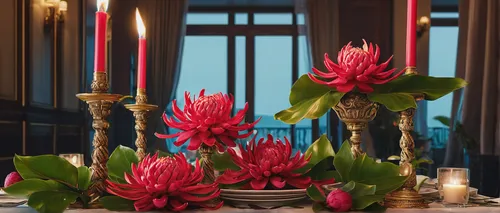 Create a vivid scene where a torch ginger is used as a centerpiece at a luxurious dinner party.,centrepiece,torch lilies,floral arrangement,table decoration,floral decorations,table decorations,flower