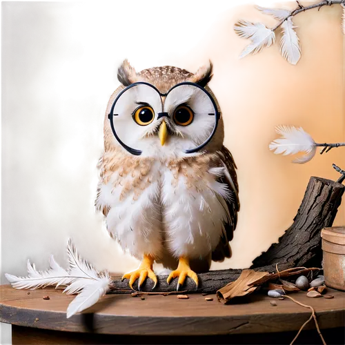 Owl, perched, tree hole, nocturnal bird, round glasses, white feathers, big round eyes, soft fluffy plumage, tiny beak, sitting, quiet atmosphere, dim lighting, warm color tone, shallow depth of field