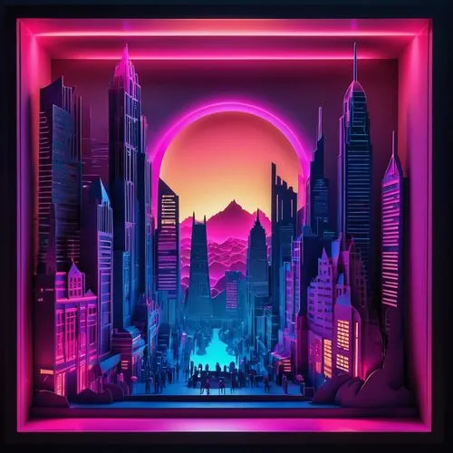 Neon-lit skyscraper, futuristic cityscape, sleek metallic framework, glowing neon strips, holographic advertisements, bustling streets, crowded sidewalks, towering buildings, intricate structural deta