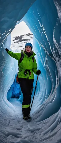 "Photo: Tom Schifanella, USA: ""Since 2000, Icelandic glaciers have lost 12% of their size, in less than 15 years. Pictured here, Icelandic guide Hanna Pétursdóttir admires an ice cave inside the Svín