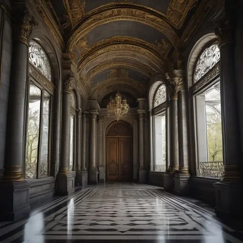 Grand architectural museum, Parisian style, ornate stone façade, grand entrance with Corinthian columns, intricately carved wooden doors, large glass roof, natural light pouring in, elegant staircases