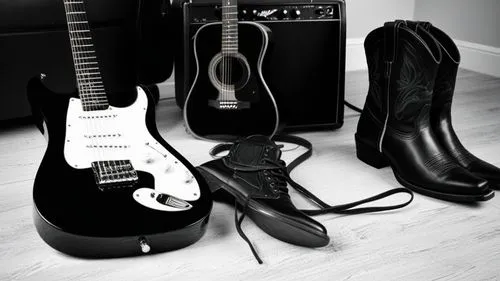 guitar and black ambient whith boot cowboy in side


,several guitar instruments, boots, and other equipment are laid out on a wooden floor,stratocasters,instruments,guitars,music instruments,schecter