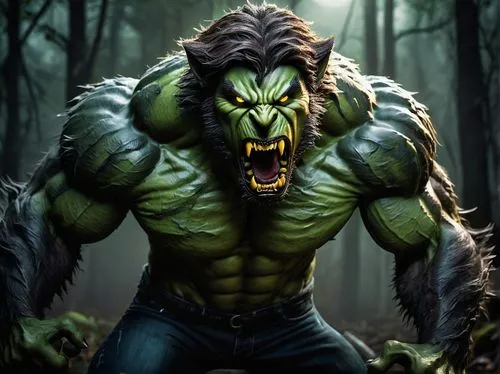 Werewolf, Hulk-like muscular body, green skin tone, sharp claws, glowing yellow eyes, messy brown hair, ripped black jeans, torn white shirt, full moon, dark forest, misty atmosphere, intense growling