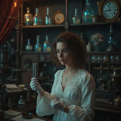 Dark academia, mysterious laboratory, vintage furniture, ornate wooden shelves, antique scientific instruments, Prussian blue pigments, glass beakers, romantic era, dim warm lighting, soft focus, eleg