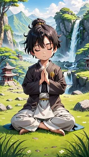 boy praying,meditating,meditatively,meditates,meditating his life,zazen,Anime,Anime,Traditional