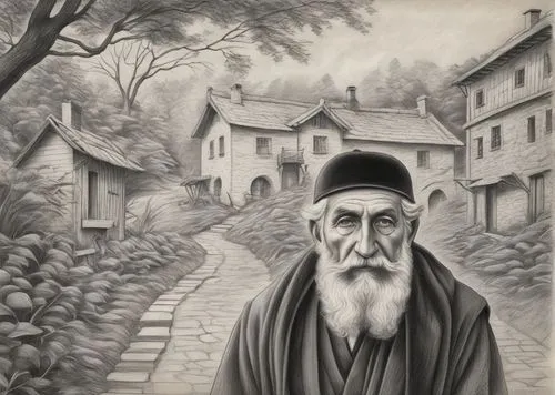 Reproduction of Jews with a small, smooth velvet black cap, on the head (Yarmolyka)
A magical rural background,a man with a beard standing next to a tree,saadi,balkhi,krekar,busienei,shaykh,mevlana,De