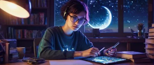 sci fiction illustration,drawing with light,night administrator,spellbook,girl studying,graphics tablet,astronomer,librarian,fortuneteller,reading magnifying glass,livescribe,world digital painting,wacom,bookstar,magic book,illustrator,astrologer,coraline,girl at the computer,omnibook,Illustration,Realistic Fantasy,Realistic Fantasy 25