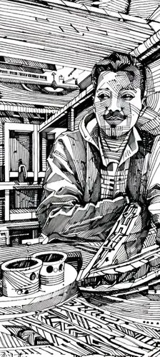 comic style,distorted,digiart,photo effect,ironworker,scrap dealer,boat operator,digital creation,man with a computer,scrap photo,camera drawing,manipulated,roofer,chair png,reading magnifying glass,p