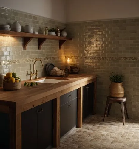 a kitchen with a wood counter top and sink,tile kitchen,kitchen design,vintage kitchen,kitchen interior,backsplash,ceramiche,Photography,General,Natural