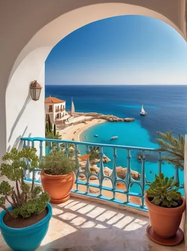 Seaside villa, Mediterranean style, white walls, blue windows, terracotta roof, curved lines, ornate details, spacious balcony, wooden railings, potted plants, seaside view, sandy beach, clear turquoi