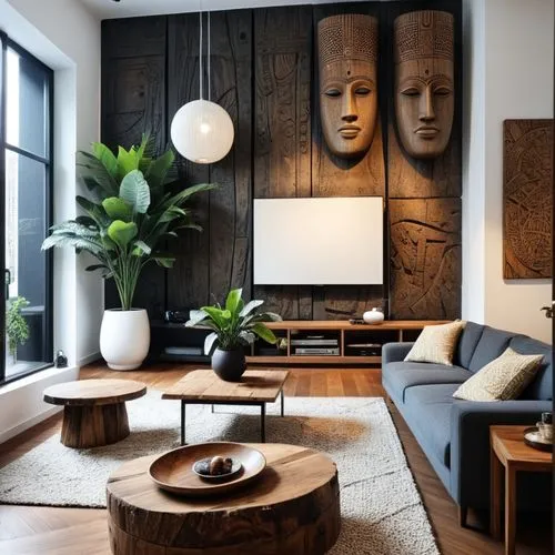 The dimensions and placement of the furniture in the room will remain constant. protect the TV. Large relief sculptures on the wall add a strong ethnic atmosphere to the space. These figures in dark w