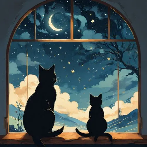 A touching image of a cat and its owner sharing a quiet moment by a window, looking out at a starry night.in the style of Hayao Miyazaki,two cats sitting on a window sill watching the moon,starclan,ca