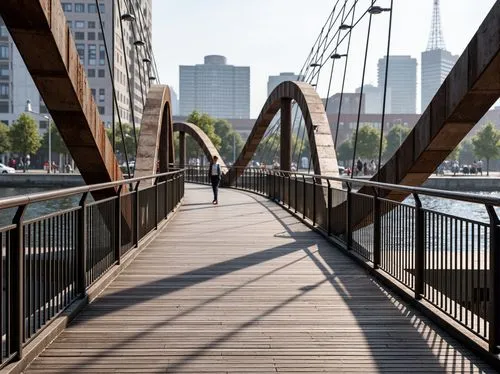 Curved pedestrian bridge, sleek metal railings, wooden deck flooring, suspended lighting systems, modern urban landscape, vibrant city skyline, bustling street activity, dynamic diagonal lines, cantil