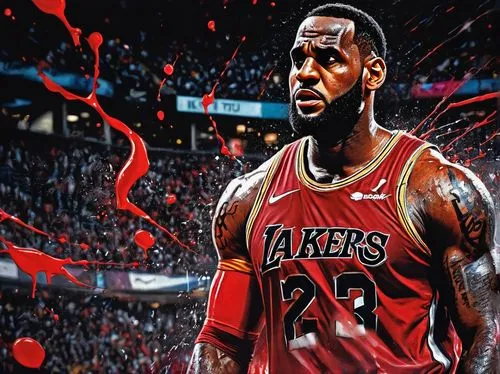 LeBron James, muscular man, basketball player, confident expression, determined eyes, black hair, sweat droplets on forehead, Nike jersey, red sneakers, dynamic pose, shooting a three-pointer, stadium