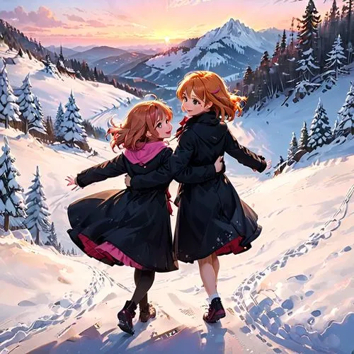 a young woman in black cold coat hops across a snowy hill, her arms wrapped tightly around her as she is tied by a girl in red cold coat with a pink bow in front of her. The girl gazes at the girl wit