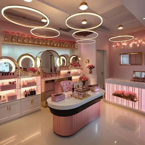 well-stocked luxury makeup store interior of beauty salon pleasant atmosphere excellent luxury lighting delicious aroma in it counters with shadows and makeup, mirrors with lights and hairdressing cha