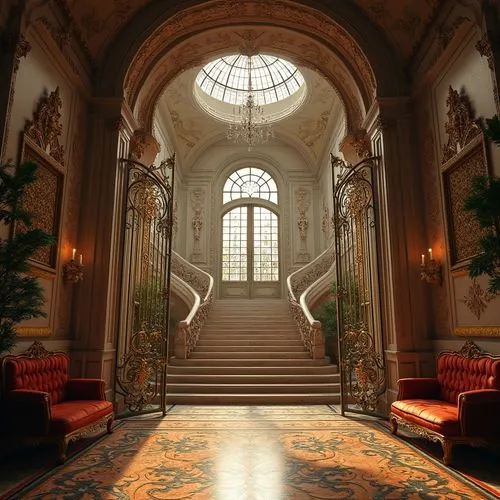 entrance hall,foyer,cochere,hallway,royal interior,enfilade,lobby,cliveden,entranceway,harlaxton,staircase,courtauld,syon park,entranceways,mountstuart,villa cortine palace,outside staircase,hotel de cluny,ornate room,anteroom,Photography,General,Realistic