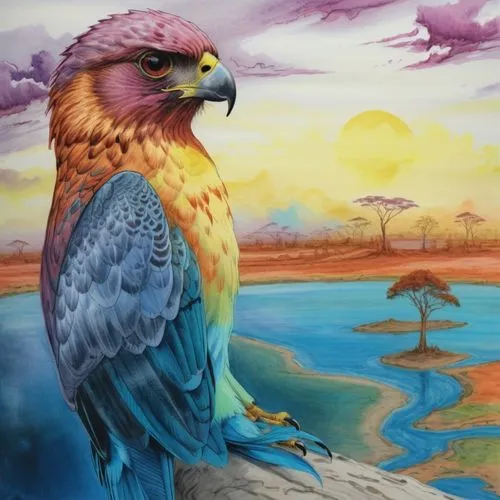 Line drawing of a falcon.in africa ,a bird with colorful plumage is perched on a nch,blue and gold macaw,blue macaw,blue and yellow macaw,macaw,aplomado falcon,aguila,Illustration,Realistic Fantasy,Re