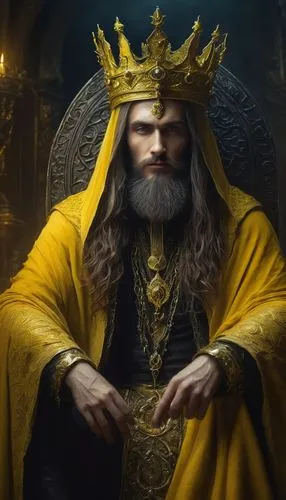 Hastur, King in Yellow, mysterious, eerie, ancient, male, royalty, yellow attire, ornate crown, beard, long hair, detailed eyes, sinister smile, velvet cloak, golden accessories, ornate throne, dimly 