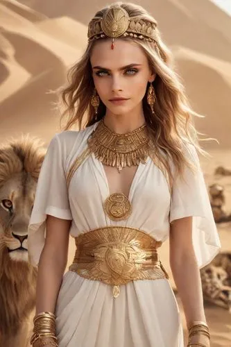 Cara Delevingne as The golden sphinx queen wears a long white linen dress with gold embroidery, fitted with a gold belt. Her headdress is a golden diadem with feathers and a scarab in the center. She 