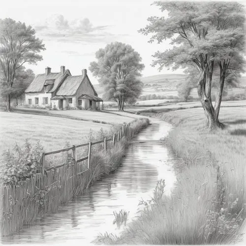 watermill,water mill,cottages,watermills,brook landscape,country cottage,Illustration,Black and White,Black and White 30