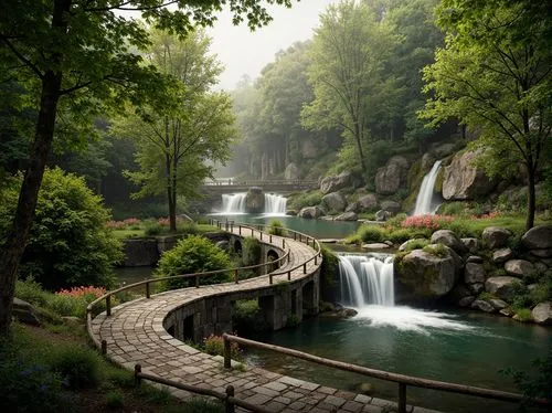 Sweeping curves, rustic stone bridges, verdant forest surroundings, misty waterfalls, lush greenery, vibrant flowers, natural rock formations, weathered wooden railings, serene lake reflections, soft 