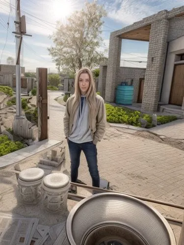 fullmetal alchemist edward elric,concrete background,cement background,concrete chick,concrete grinder,digital compositing,on the roof,manhole,360 ° panorama,hubcap,cobble,springform pan,roof landscap