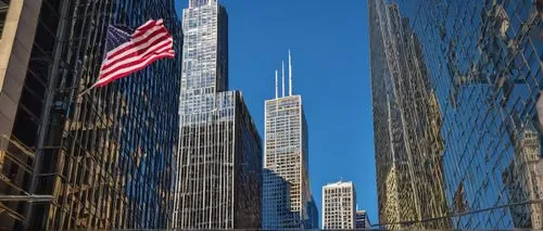 Modern skyscraper architecture, Chicago cityscape, sunny afternoon, Willis Tower, reflection of blue sky on glass windows, detailed stone and steel structure, bustling streets with pedestrians, yellow