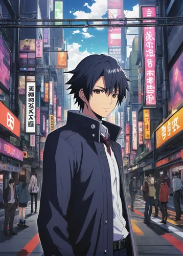 anime japanese clothing,shinjuku,yukio,shibuya,anime 3d,ginza,osaka,tokyo city,persona,tokyo,world end,anime cartoon,background images,shibuya crossing,dusk background,2d,anime boy,uruburu,dark blue sky,media player,Art,Artistic Painting,Artistic Painting 48