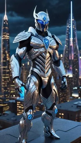 Muscular male warrior, futuristic space armor, silver metallic color, intricate circuitry details, glowing blue eyes, stern facial expression, powerful physique, imposing posture, standing on a skyscr