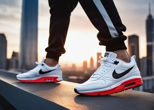 Sneakerhead, Nike shoes, black and white color scheme, intricate lace details, shiny leather material, sporty atmosphere, urban cityscape, skyscraper background, sunset lighting, low-angle shot, dynam