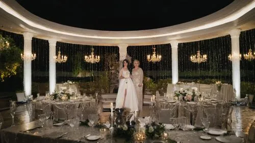 two brides stand at a wedding reception,chuppah,table arrangement,centrepieces,tablescape,bridal suite,wedding hall,centerpieces,centrepiece,centerpiece,table setting,wedding decoration,wedding frame,