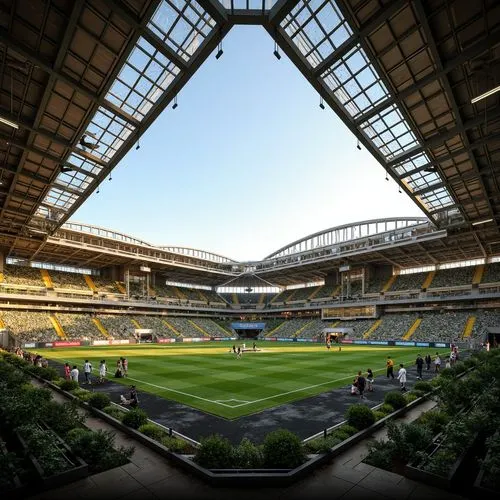 Large soccer stadium, open-air design, natural ventilation systems, wind catchers, clerestory windows, solar chimneys, roof gardens, green roofs, permeable facades, high ceilings, exposed ductwork, st