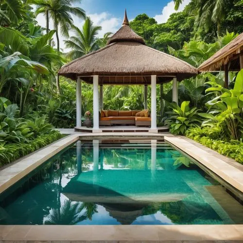 a view of a pool in a tropical garden with a gazebo, tropical pool, jungle setting, next to a tropical pool, tropical setting, tropical location, lush oasis, beatiful house, beautiful place, tropical 