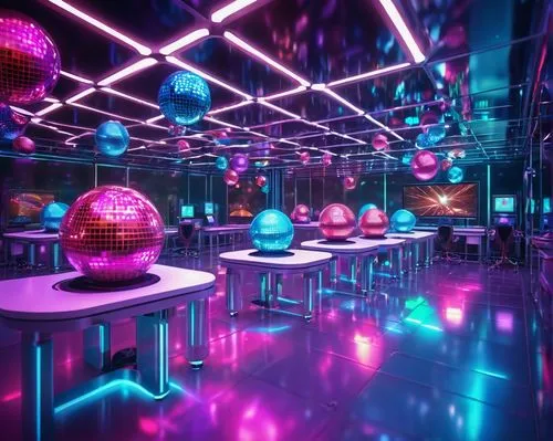 disco,spaceland,nightclub,retro diner,prism ball,disco ball,dancefloor,ufo interior,discotheque,neon cocktails,colored lights,3d render,discotheques,80's design,neon coffee,3d background,cinema 4d,neon drinks,cyberscene,cyberworld,Illustration,Realistic Fantasy,Realistic Fantasy 38